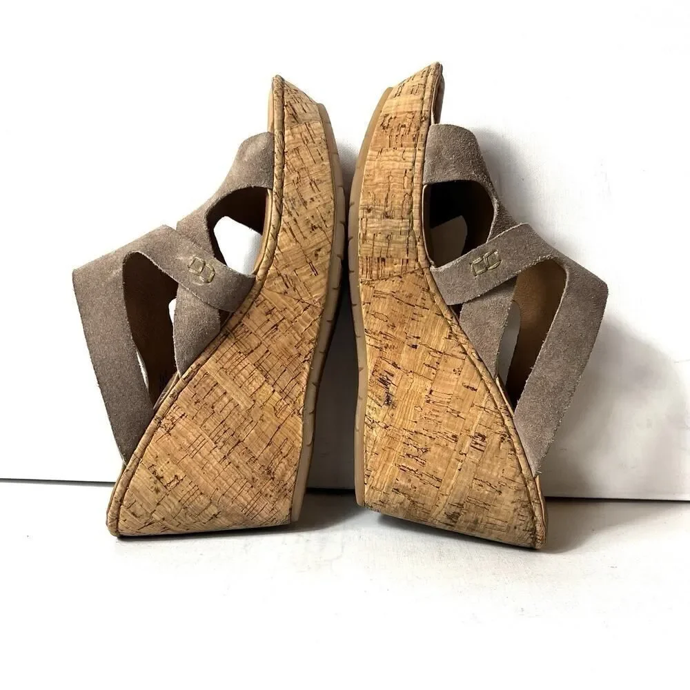Born Tan Suede Wedge Cork Sandals Womens Sz 11 M Slip On Open Toe Comfort Casual